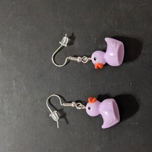 Silver Tone Light Purple Lavender Acrylic Duck Duckie Dangle Statement Earrings